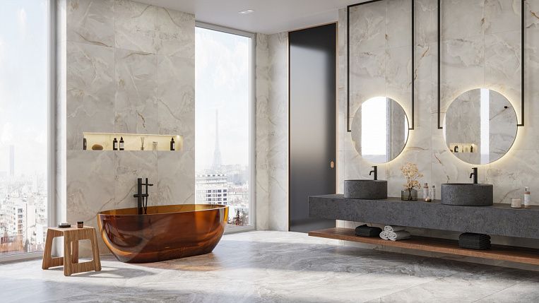 Плитка керамогранит Prime Ceramics Onice Silver 1200x600 ректификат матовый (1,44 кв.м.) под оникс
